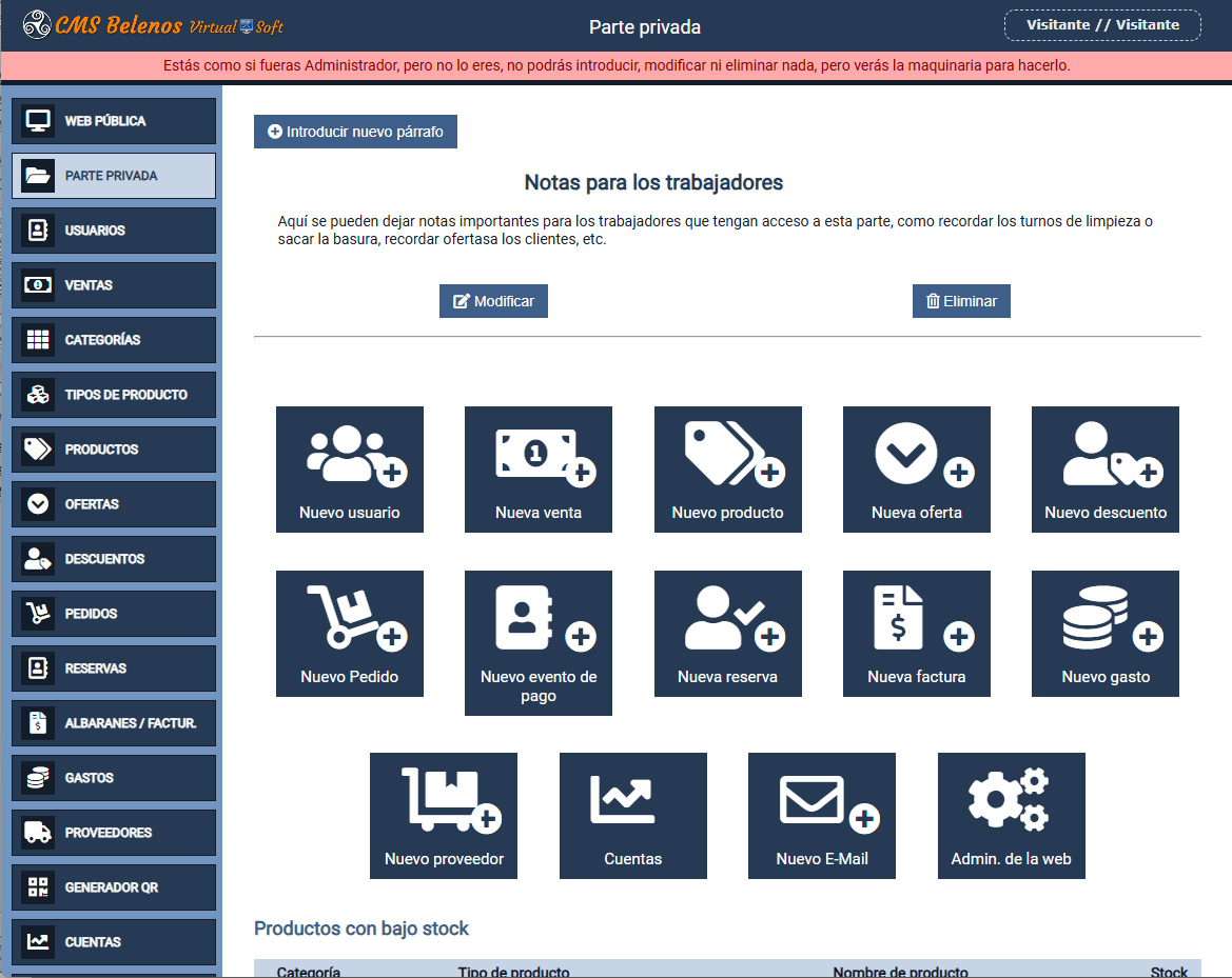 Secciones preprogramadas disponibles para gesti&oacute;n comercial (ERP)